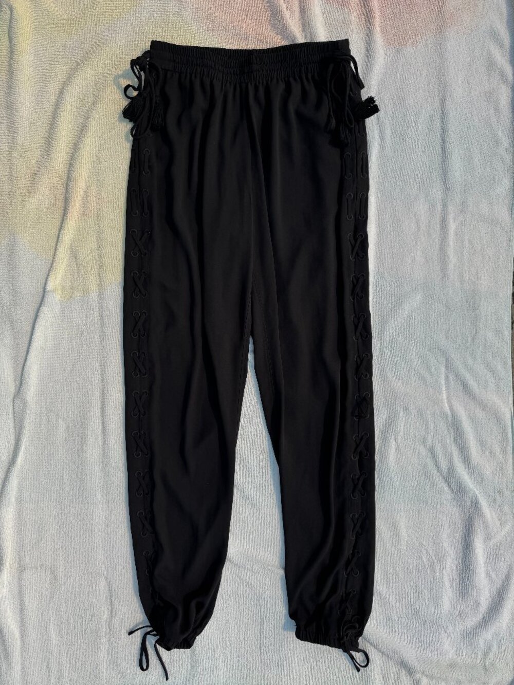 𝅺Elie Tahari Black Lace Up Tassle Trim Slim Fit Jogger Pants Size XS